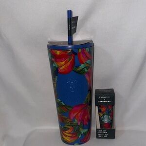 Starbucks Farm Rio 24oz Tumbler Radiant Blue Floral Banana 2025 NWT & Keychain